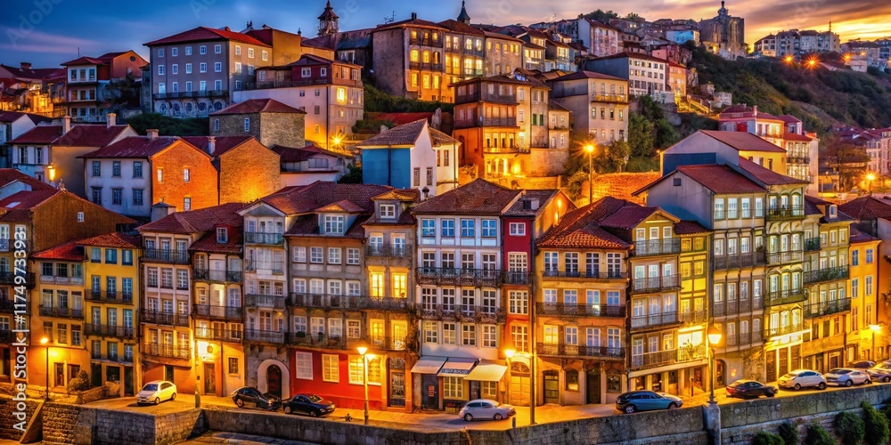 Fototapeta premium Night Photography: Colorful Historic Houses of Porto, Portugal