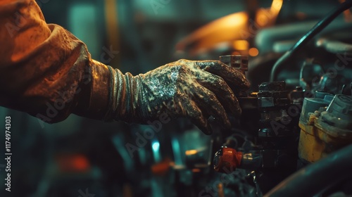 A detailed shot of a mechanic s hand covered in grease while adjusting photo