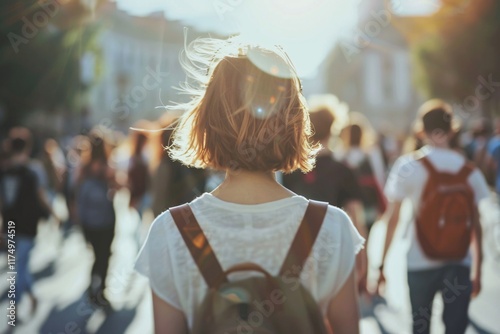 Pretty teenage girl walking with friends on the way to university	