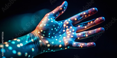 Night Photography: Hand with Vitiligo, Close-up, Dark Background, Artistic Lighting photo