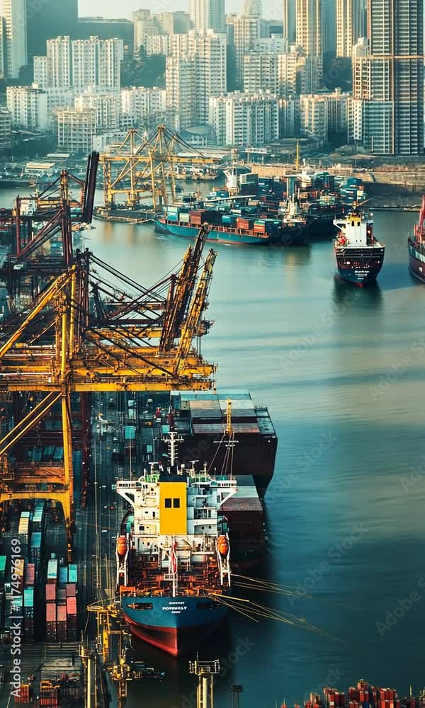 A busy port scene with cargo ships and cranes in an industrial setting. A busy port scene with cargo ships and cranes in an industrial setting.