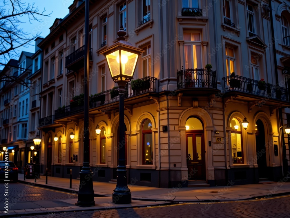 Fototapeta premium Charming European Street at Dusk Illuminated Buildings Classic Lampposts Cobblestone Street