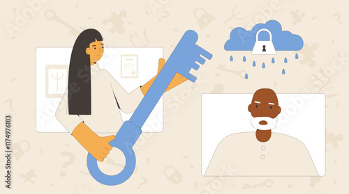 Senior man psychotherapy. Online counseling session with psychiatric. Stressed character talking with psychologists. Client with depression. Vector concept outline flat illustration.