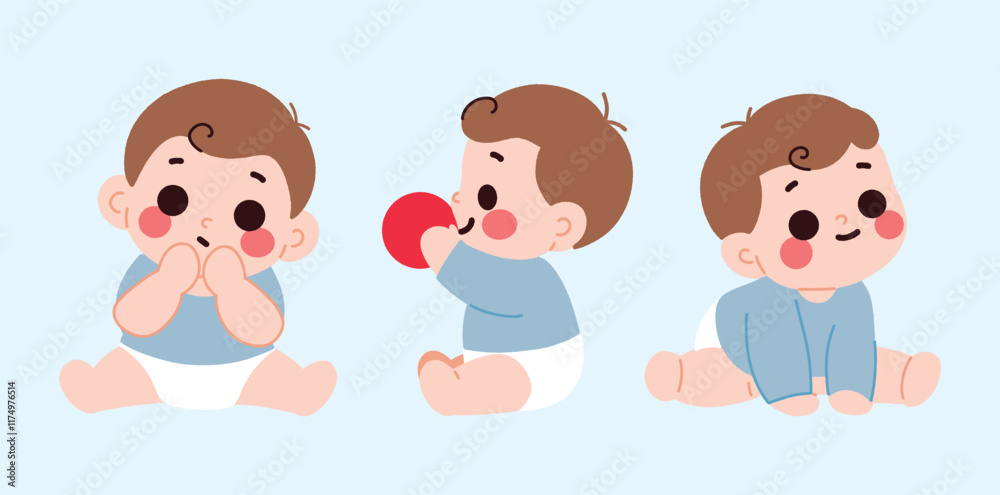 Adorable Cartoon Babies Sitting Playing and Crawling Illustrations