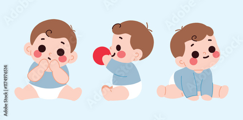 Adorable Cartoon Babies Sitting Playing and Crawling Illustrations