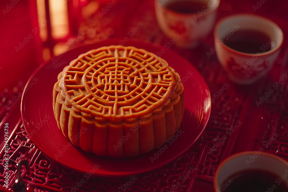 Fototapeta premium A traditional moon cake with intricate patterns on the surface, placed on a red plate, surrounded by Chinese tea cups, with copy space. Soft warm lighting. 