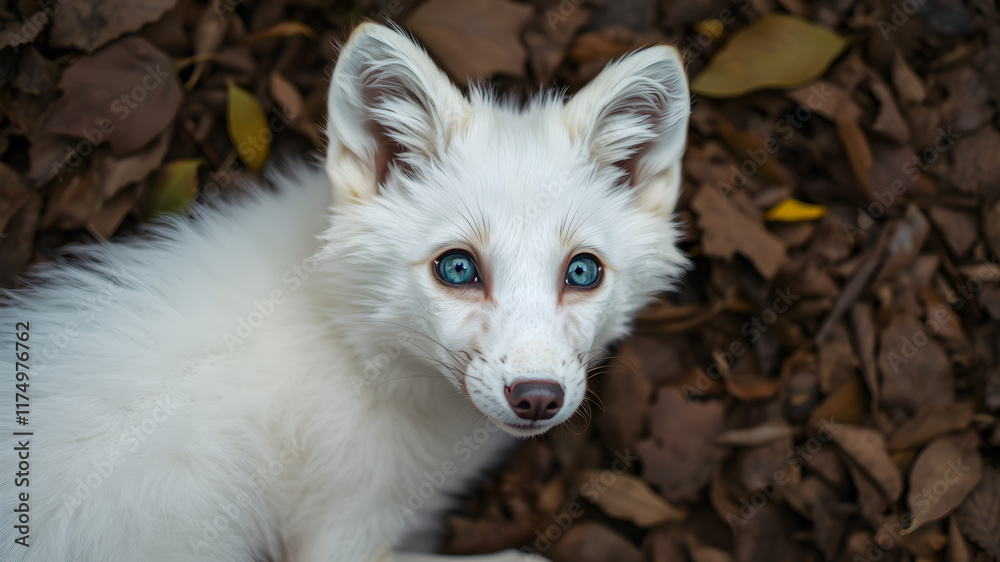 A white fox with blue eyes lying on a bed of leaves, looking up with a curious expression. Generative AI A white fox with blue eyes lying on a bed of leaves, looking up with a curious expression. Generative AI