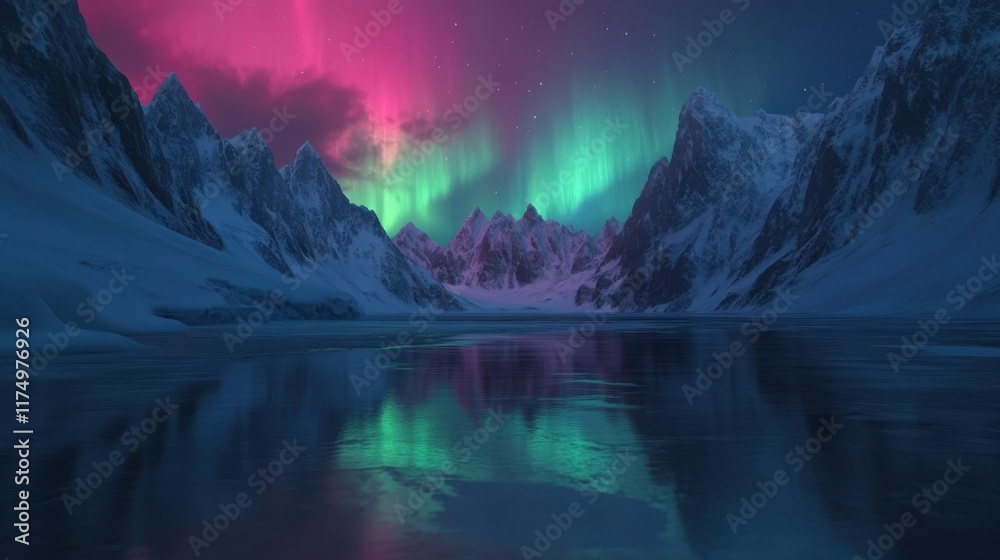 Obraz premium A frozen lake reflecting the vibrant green and pink hues