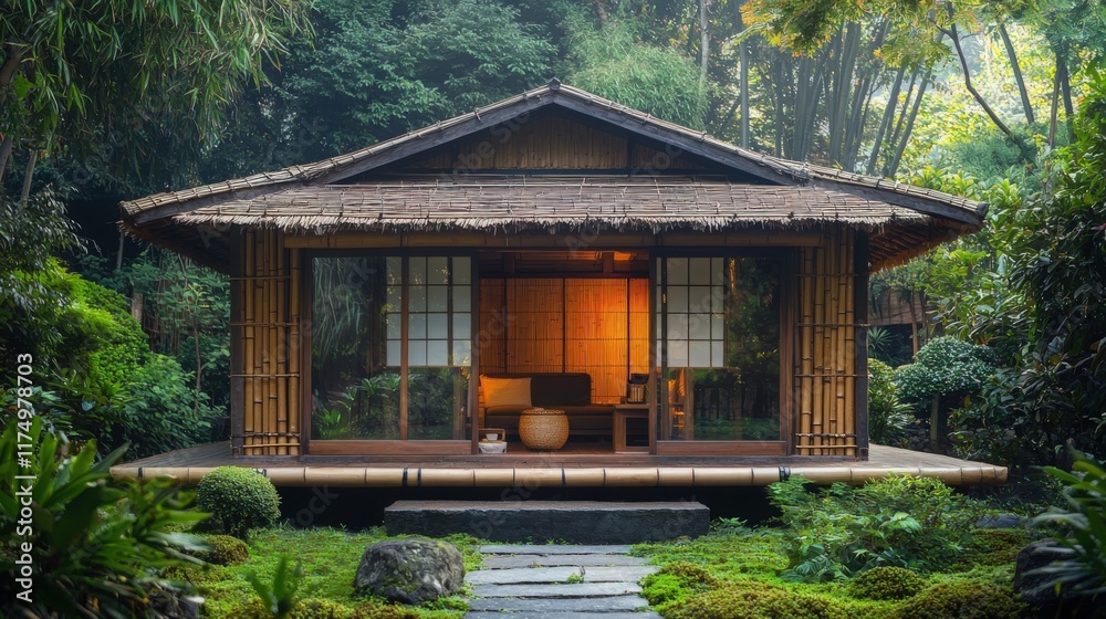 Traditional Japanese bamboo tea house nestled in a serene garden oasis Traditional Japanese bamboo tea house nestled in a serene garden oasis