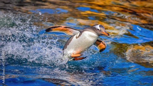Foto High-energy image of a Gentoo penguin taking a leap into the vibrant blue Antarctic waters