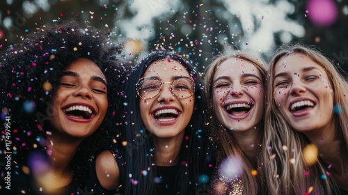 Joyful Celebration: Four Friends Embrace Festive Merriment Amidst Confetti Shower photo