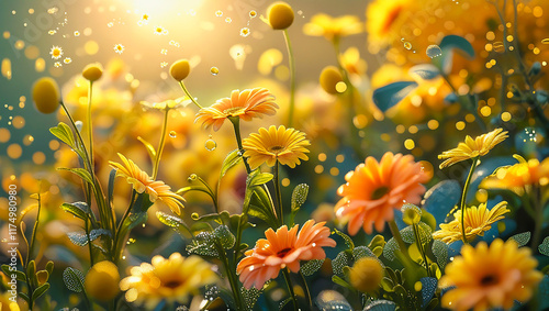 golden floral scene, featuring delicate yellow and orange daisies in full bloom textures of the flowers, and dew droplets on leaves blooms, casting a golden glow and gentle shadows blooms, casting 