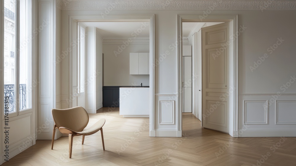 Fototapeta premium Parisian apartment, open doorway, herringbone floors, modern kitchen, empty room, real estate