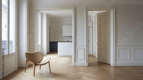 Parisian apartment, open doorway, herringbone floors, modern kitchen, empty room, real estate photo