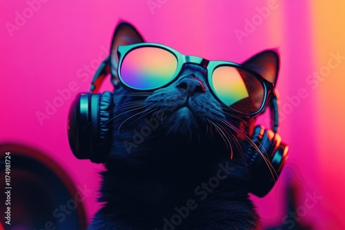 Black Cat with Sunglasses and Headphones