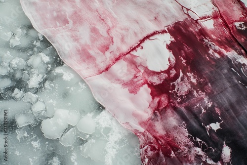 Abstract red fabric on cracked ice.