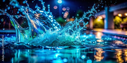 Night Swimming Pool Water Splash, 8K High Detail, Vibrant Low Light Photography