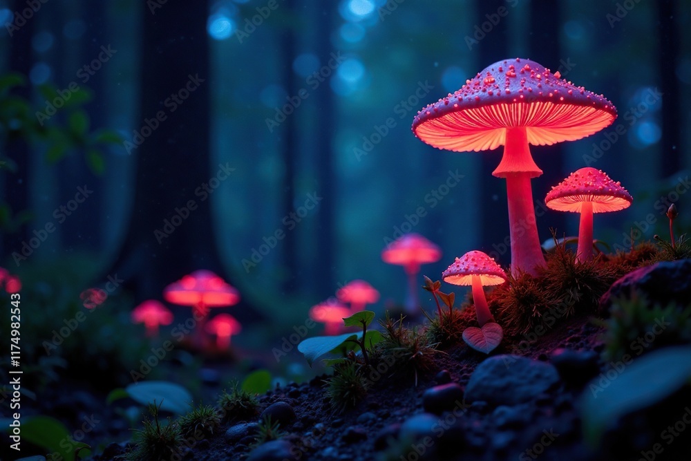 Fototapeta premium Bioluminescent fungi lit up in the dark forest, darkness, trees