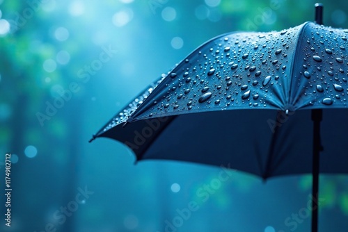 Black umbrella covered in raindrops against bright blue sky, serenity, water droplets, calmness photo