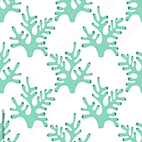 Marine pattern with turquoise azure corals, sea ocean bottom, marine fauna, World Ocean Day.