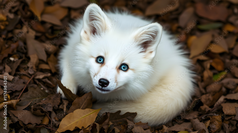 Fototapeta premium A white fox with blue eyes lying on a bed of leaves, looking up with a curious expression. Generative AI