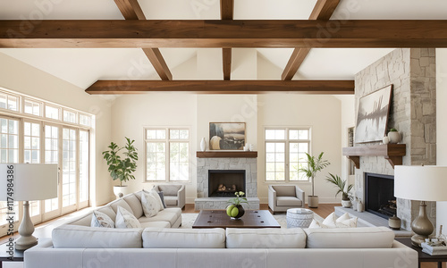 Interior of a cozy living room featuring exposed wooden beams across the ceiling