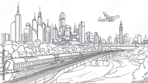 High-speed train cityscape travel airplane sketch photo