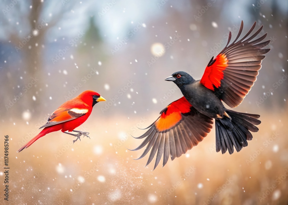 Fototapeta premium Northern Cardinal & Red-winged Blackbird in Flight - Winter Birds, Bokeh Background