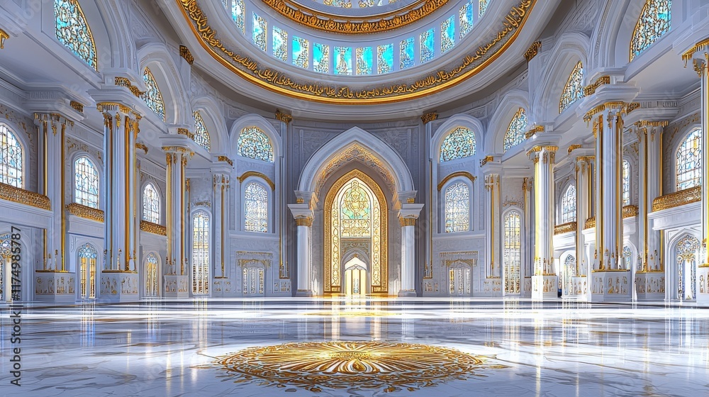 Obraz premium Grand Hall: Opulent Palace Interior, Marble Floors, Stained Glass