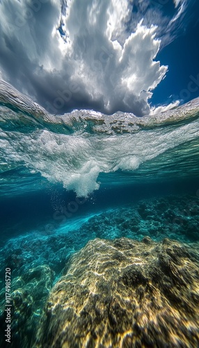 Fototapeta Naklejka Na Ścianę i Meble -  Underwater view of a stormy deep blue sea with abstract wave blur effects captured in photography