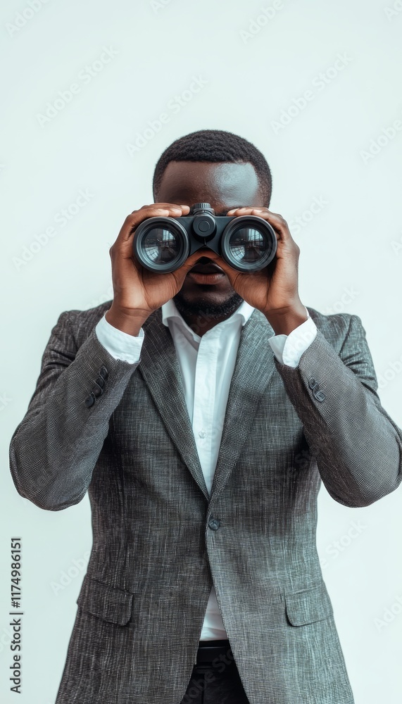 Businessman using binoculars to discover solutions and opportunities in the corporate world Businessman using binoculars to discover solutions and opportunities in the corporate world
