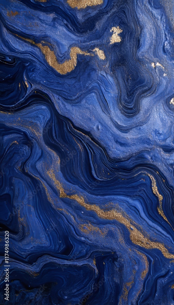 Obraz premium Abstract marbleized background with blue and gold paints creating a stunning visual effect