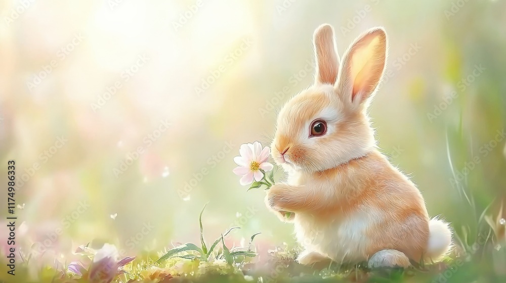 Fototapeta premium Adorable bunny holding a flower in a sunlit meadow
