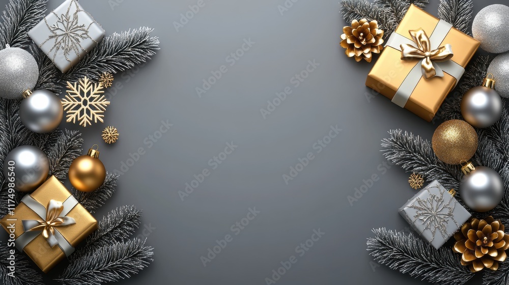 Naklejka premium Elegant Christmas Border with Gold and Silver Decorations