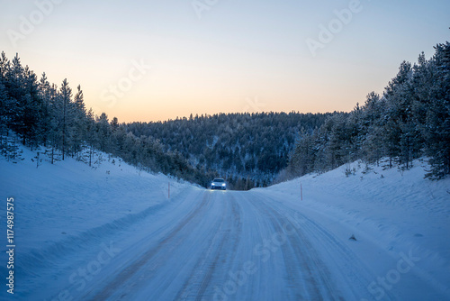 Finland lapland frozen road to inari from Nellim in winter icy season photo