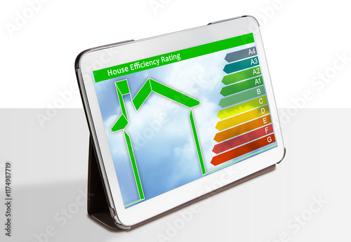 Buildings energy efficiency concept with a digital tablet with home and energy classes according to the new European law photo