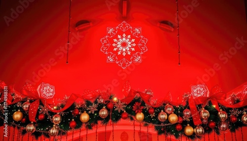 Red Christmas decor, festive backdrop, winter theme photo
