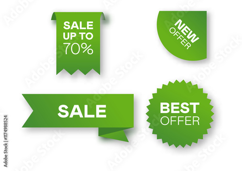 Different sale green ribbons flat icon set. Price badges, special offer labels and discount stickers isolated vector illustration collection. Promotion templates and design elements concept