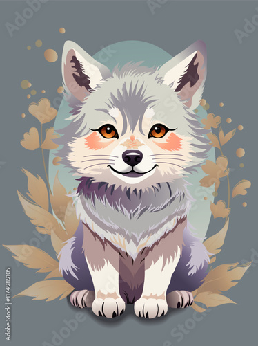 Cute wolf with floral ornament on the grey background