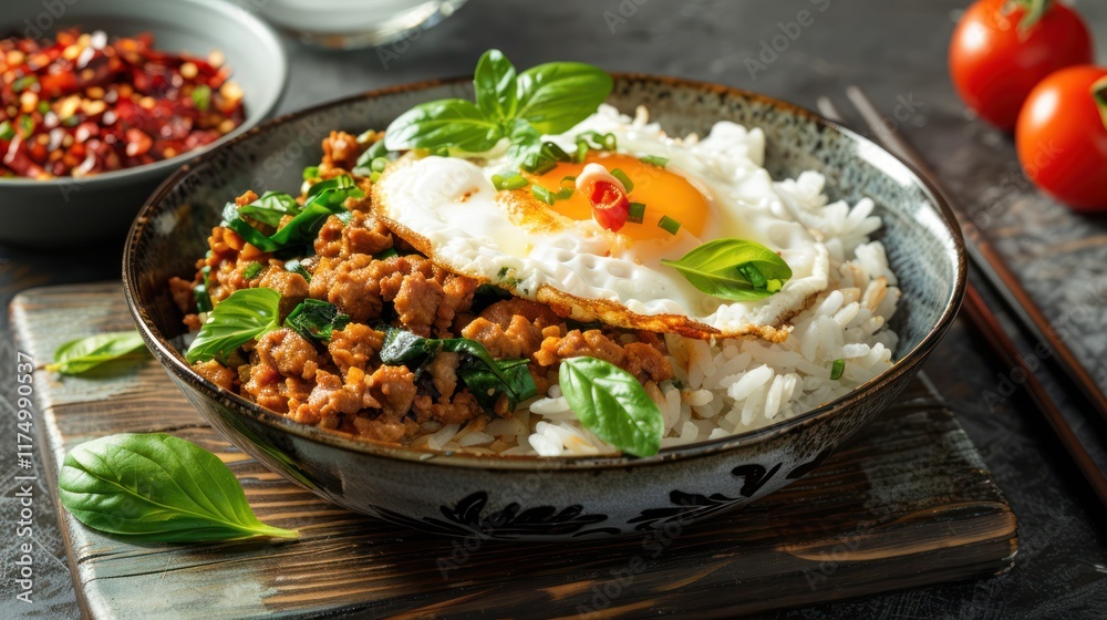 Basil Minced Pork rice and fried egg close up shot food lunch Basil Minced Pork rice and fried egg close up shot food lunch