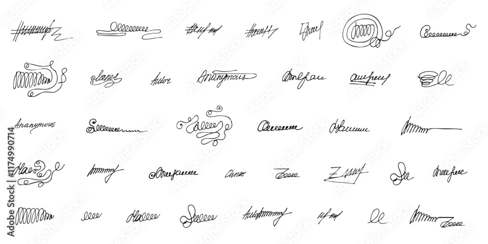 Big Set simple black Signatures isolated white background. Collection abstract human Signature. Perfect Autograph collection for contract Template design. Vector illustration. EPS 10 Big Set simple black Signatures isolated white background. Collection abstract human Signature. Perfect Autograph collection for contract Template design. Vector illustration. EPS 10