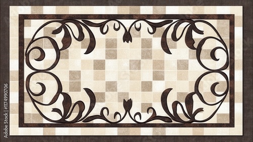 Elegant tile design featuring checkered background with ornate dark frame and central floral motif. Ideal for bathroom or kitchen backsplash to add sophistication. photo