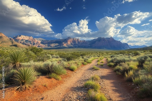 Dirt road leading into red rock canyon national conservation area, nevada photo