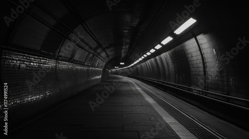 A long perspective shot of an empty subway tunnel, with illuminated track rails and smooth, curved walls, capturing the quiet and emptiness of the space