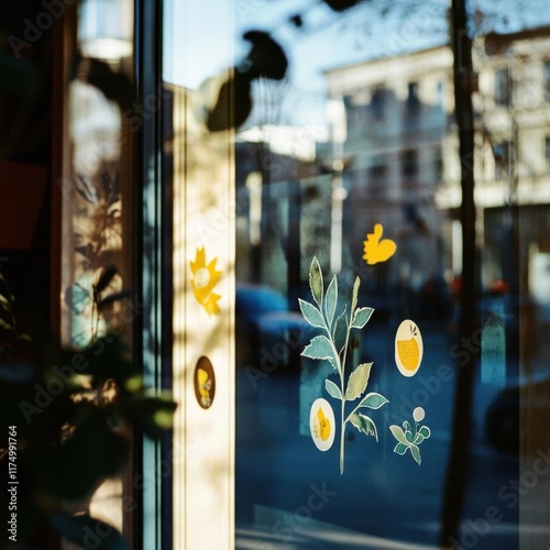 Window with Floral Decals and a Blurry City View photo