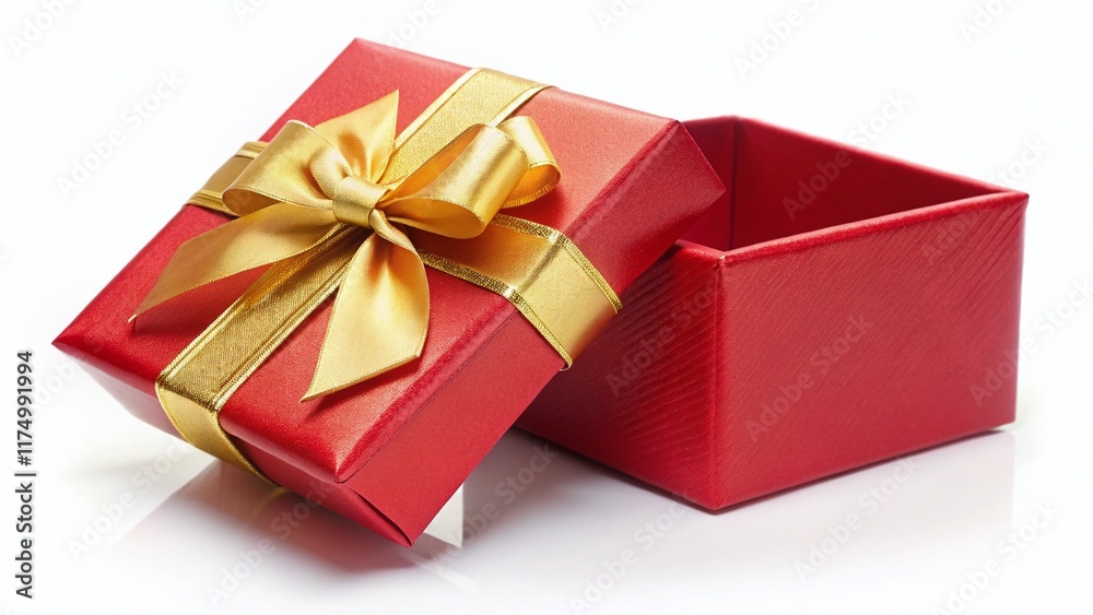 Open Red Gift Box with Gold Ribbon and Bow on White Background - Festive Holiday Present Open Red Gift Box with Gold Ribbon and Bow on White Background - Festive Holiday Present