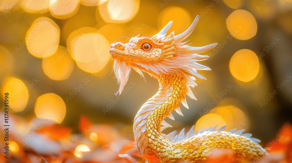 Obraz premium Golden Dragon Figurine in Autumnal Bokeh