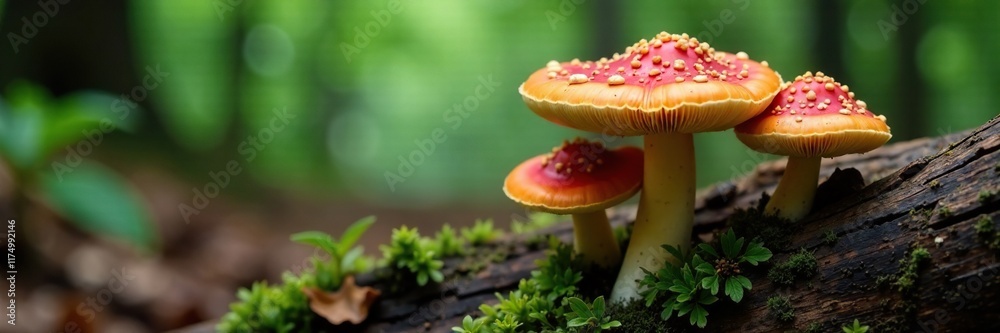 Fototapeta premium Mushrooms growing from decaying logs in damp woodland, lepiota castanea, fungal life, woodland ecosystem