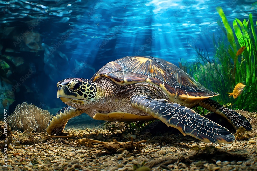 Obraz premium Graceful sea turtle swimming through vibrant coral reef underwater landscape nature photography tranquil ocean environment close-up perspective