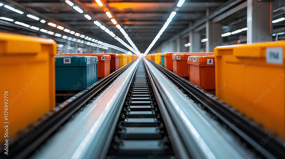 Fototapeta premium Automated Warehouse Conveyor System with Colorful Bins (1)